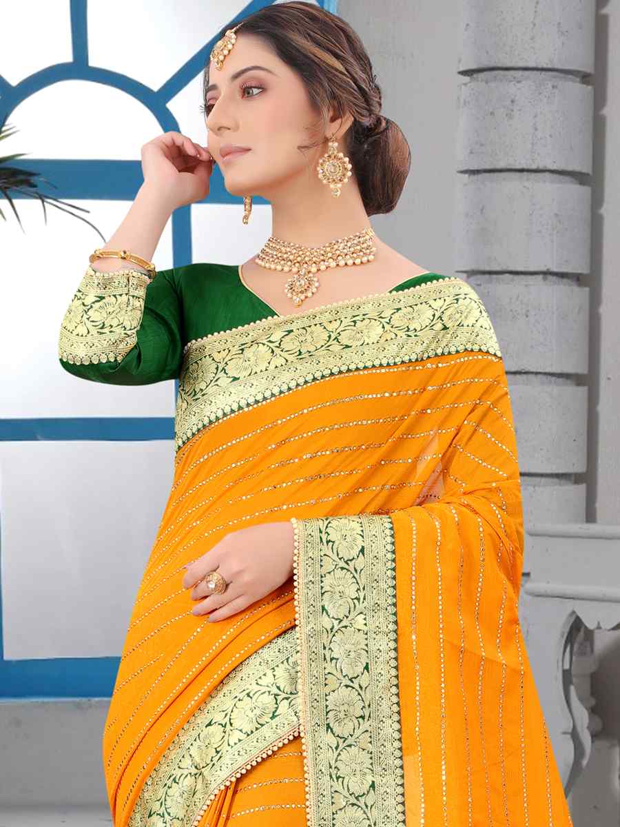 Mustard Vichitra Blooming Silk Handwoven Wedding Festival Heavy Border Saree