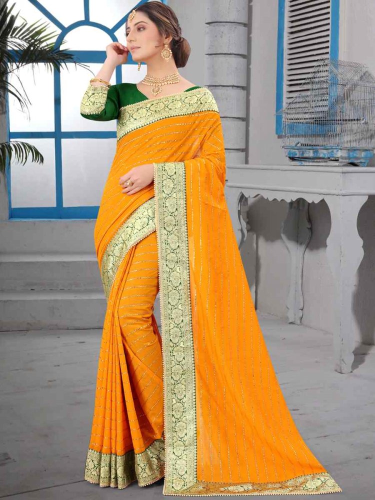 Mustard Vichitra Blooming Silk Handwoven Wedding Festival Heavy Border Saree