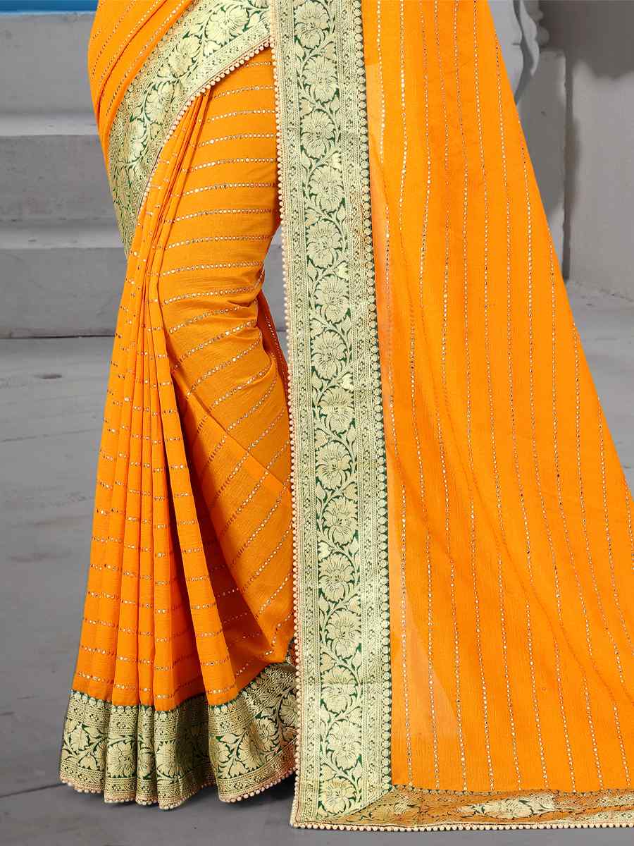 Mustard Vichitra Blooming Silk Handwoven Wedding Festival Heavy Border Saree