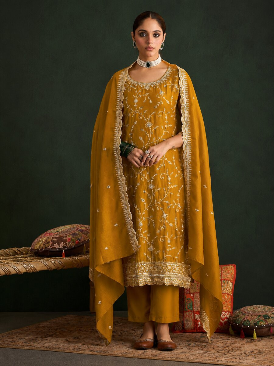 Mustard Vichitra Embroidery Zari Sequins Wedding Party Festival Casual Palazzo Pant Salwar Kameez