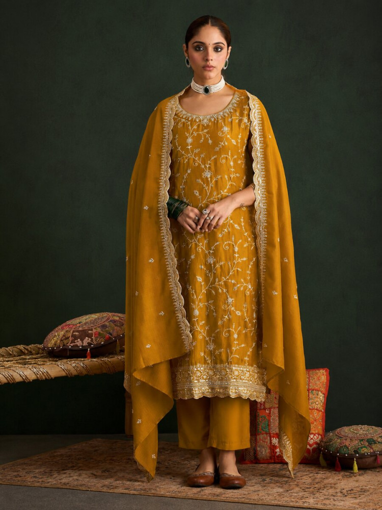 Image of Mustard Vichitra Embroidery Zari Sequins Wedding Party Festival Casual Palazzo Pant Salwar Kameez