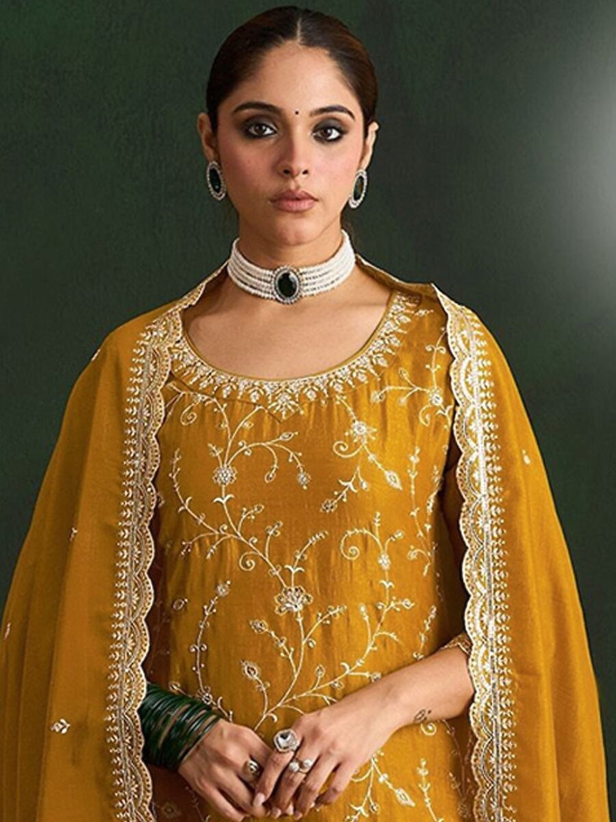 Mustard Vichitra Embroidery Zari Sequins Wedding Party Festival Casual Palazzo Pant Salwar Kameez