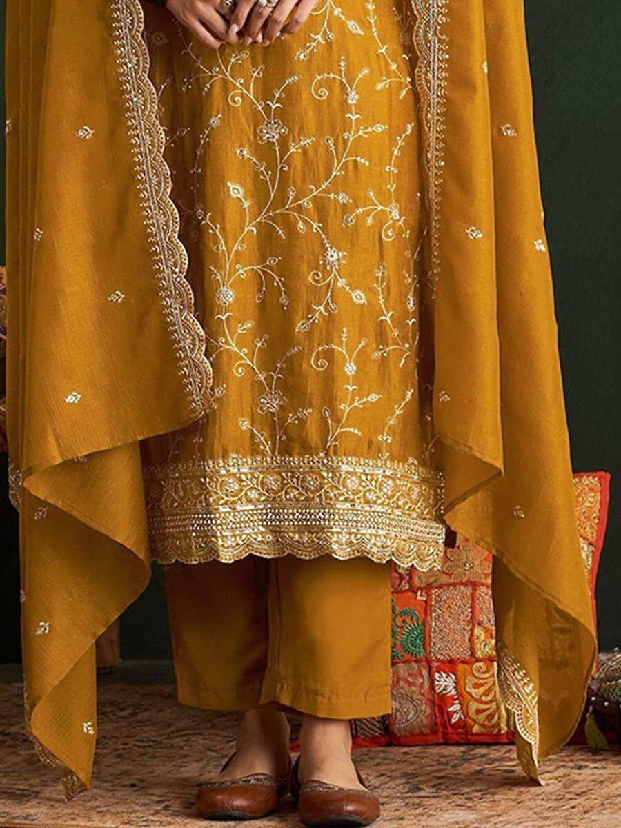 Mustard Vichitra Embroidery Zari Sequins Wedding Party Festival Casual Palazzo Pant Salwar Kameez