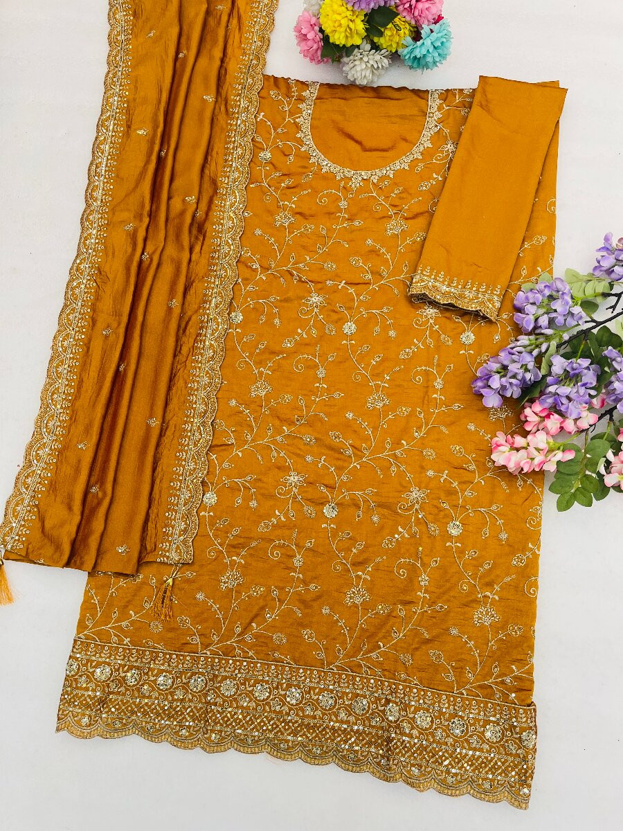 Mustard Vichitra Embroidery Zari Sequins Wedding Party Festival Casual Palazzo Pant Salwar Kameez