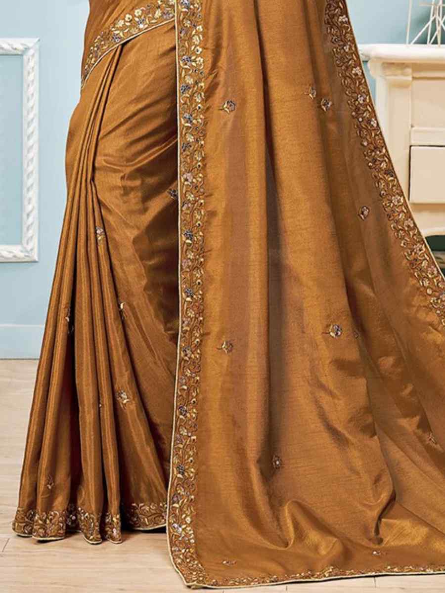 Mustard Vichitra Silk Embroidered Party Festival Classic Style Saree