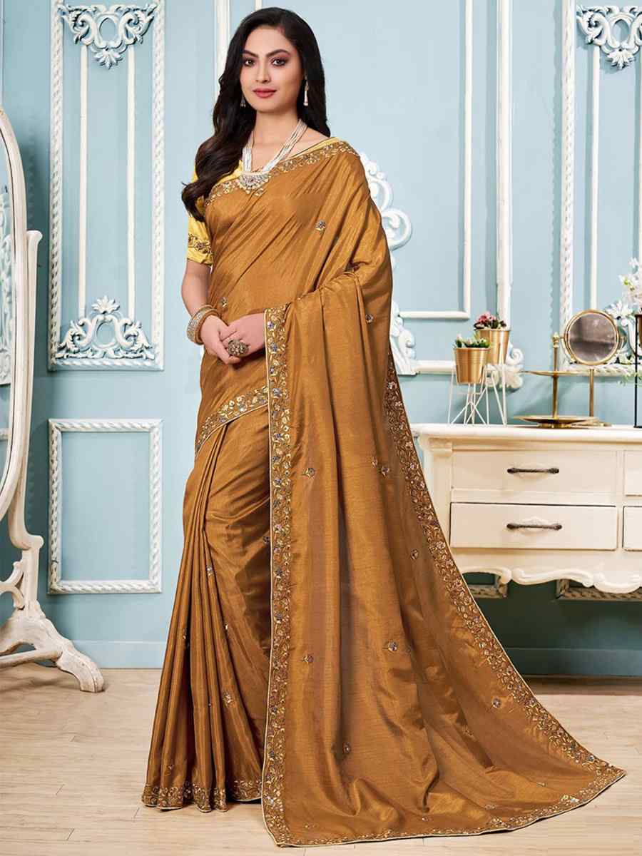 Mustard Vichitra Silk Embroidered Party Festival Classic Style Saree