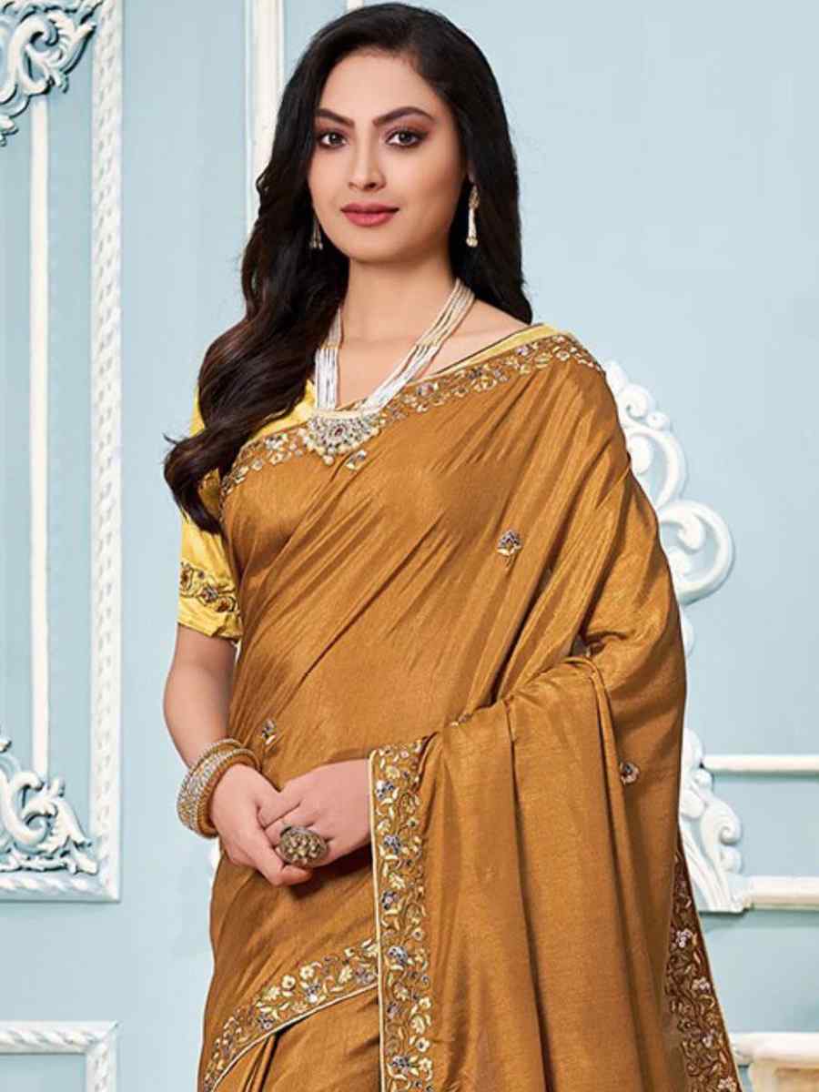 Mustard Vichitra Silk Embroidered Party Festival Classic Style Saree
