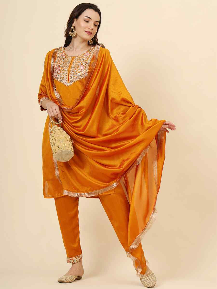 Mustard Vichitra Silk Embroidered Party Wedding Ready Pant Salwar Kameez