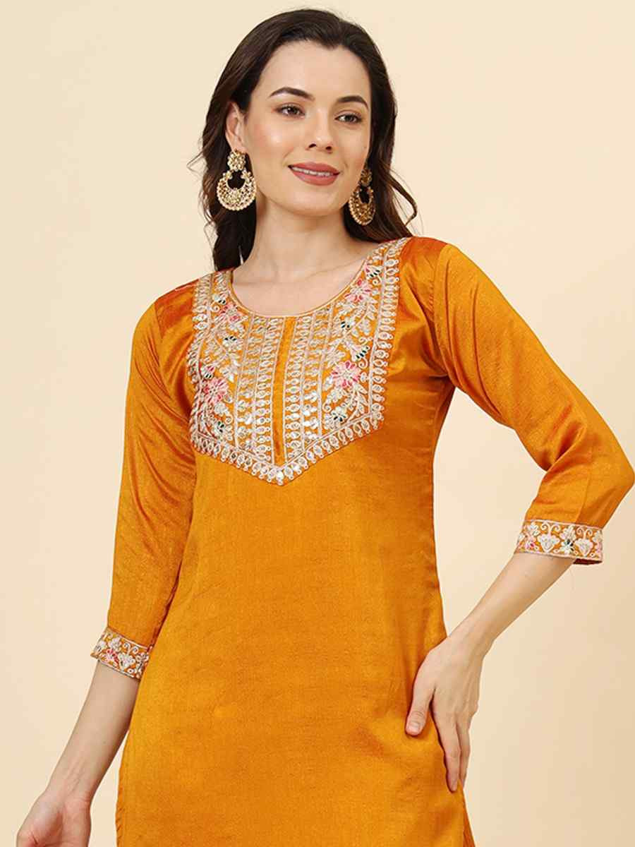 Mustard Vichitra Silk Embroidered Party Wedding Ready Pant Salwar Kameez