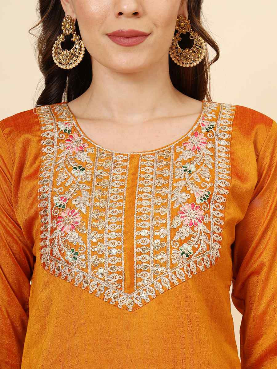 Mustard Vichitra Silk Embroidered Party Wedding Ready Pant Salwar Kameez
