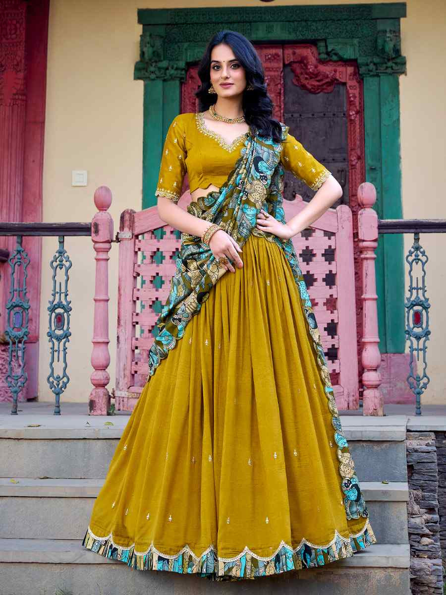 Mustard Vichitra Silk Printed And Hand Embroidered Party Reception Wedding Lehenga Choli