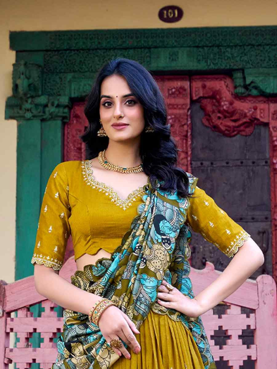 Mustard Vichitra Silk Printed And Hand Embroidered Party Reception Wedding Lehenga Choli