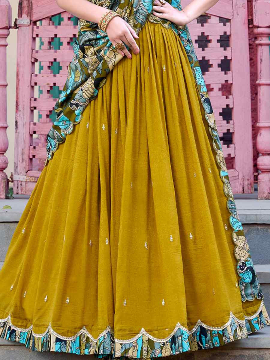 Mustard Vichitra Silk Printed And Hand Embroidered Party Reception Wedding Lehenga Choli