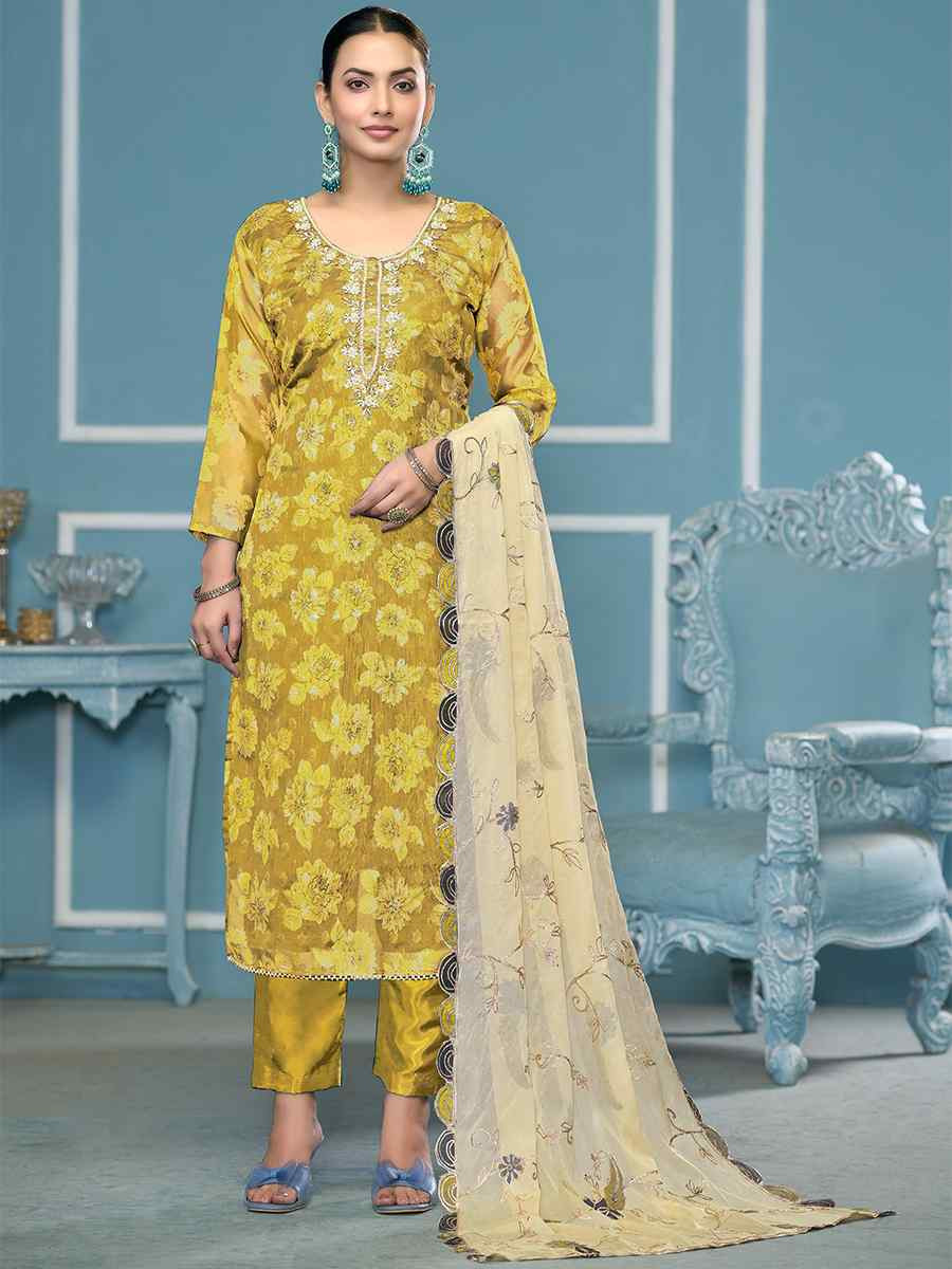 Mustard Viscose Banarasi Embroidered Wedding Festival Pant Salwar Kameez