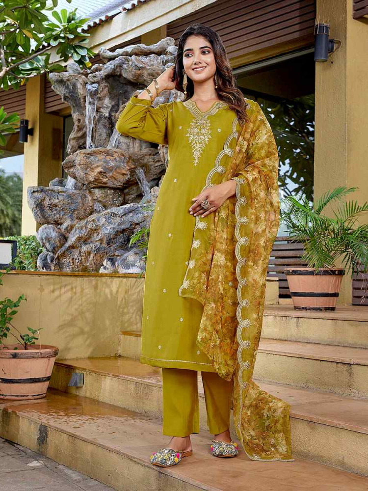 Image of Mustard Viscose Chanderi Embroidery Party Wedding Festival Casual Ready Pant Salwar Kameez