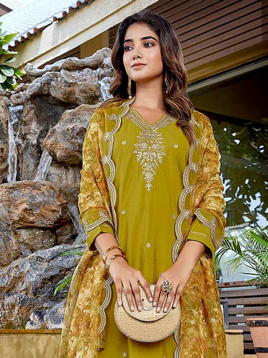 Mustard Viscose Chanderi Embroidery Party Wedding Festival Casual Ready Pant Salwar Kameez