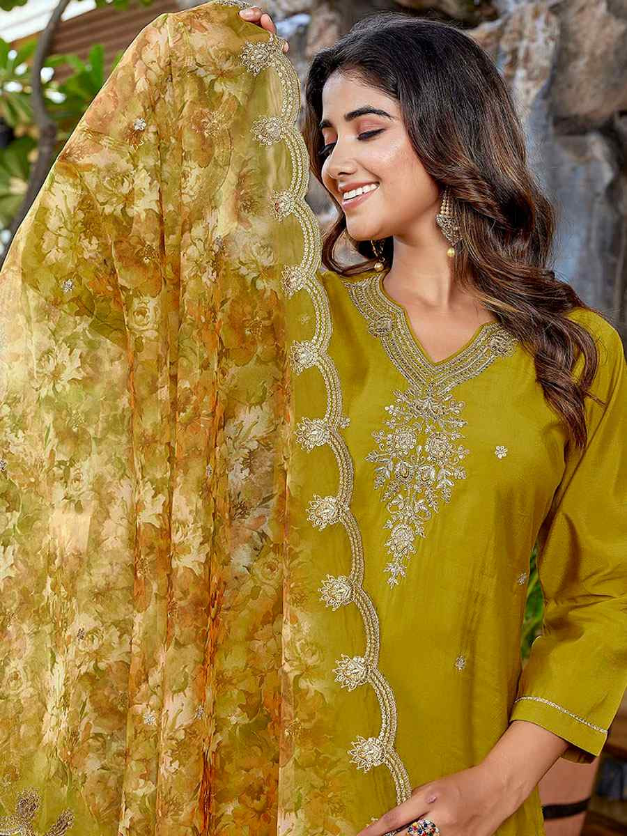 Mustard Viscose Chanderi Embroidery Party Wedding Festival Casual Ready Pant Salwar Kameez