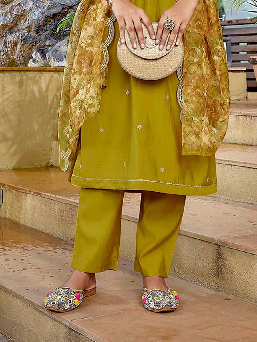 Mustard Viscose Chanderi Embroidery Party Wedding Festival Casual Ready Pant Salwar Kameez