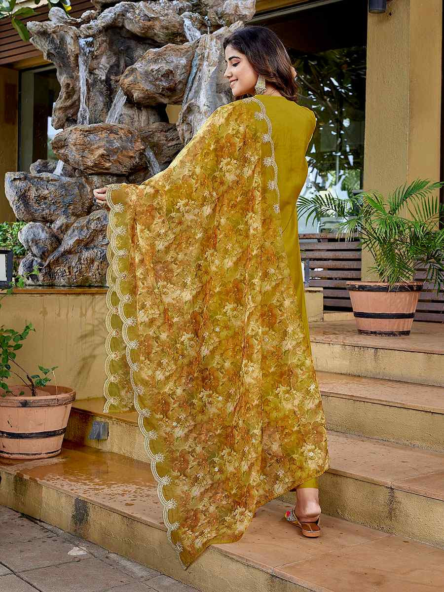 Mustard Viscose Chanderi Embroidery Party Wedding Festival Casual Ready Pant Salwar Kameez