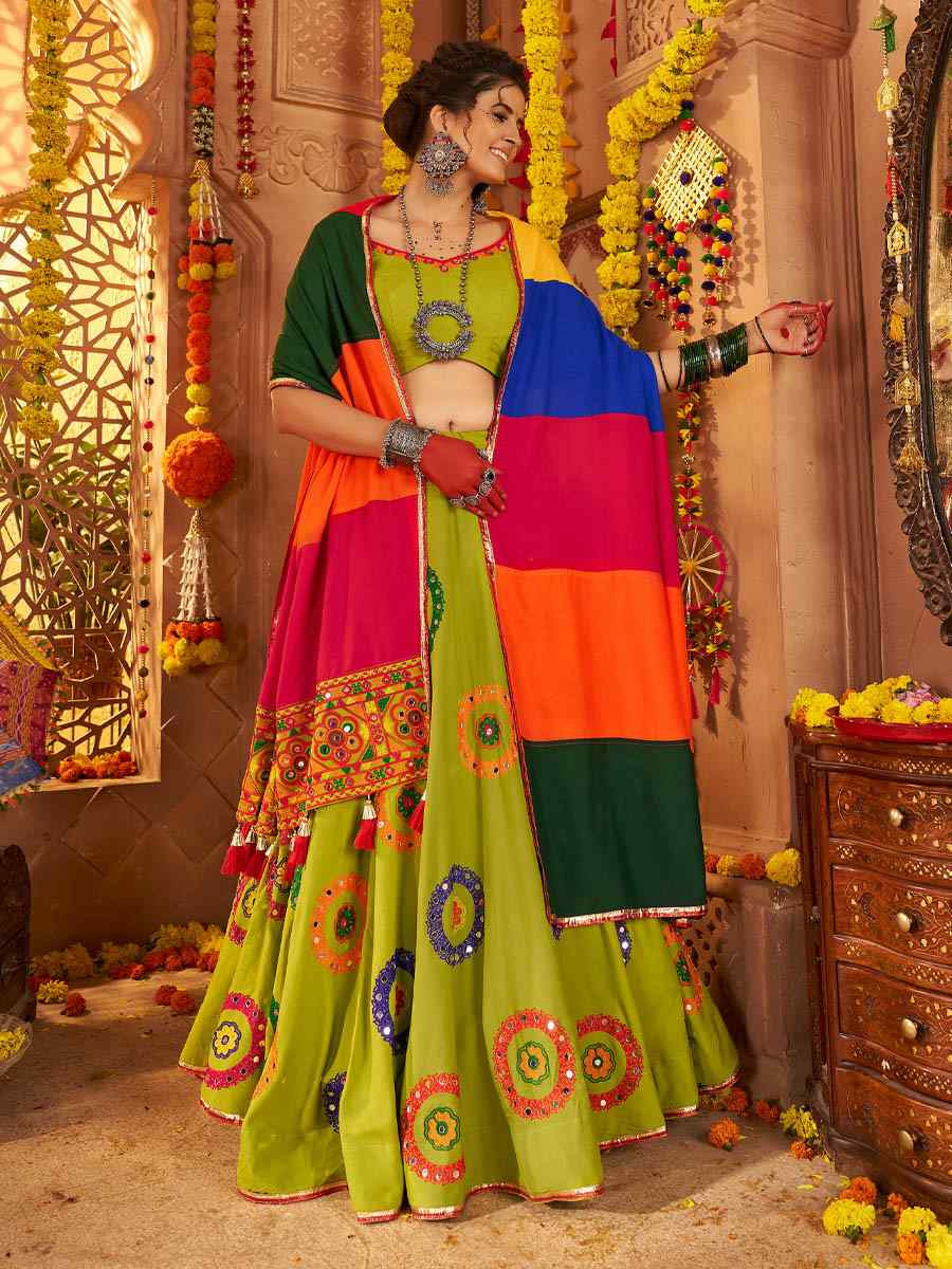Mustard Viscose Cotton Embroidered Festival Traditional Lehenga Choli