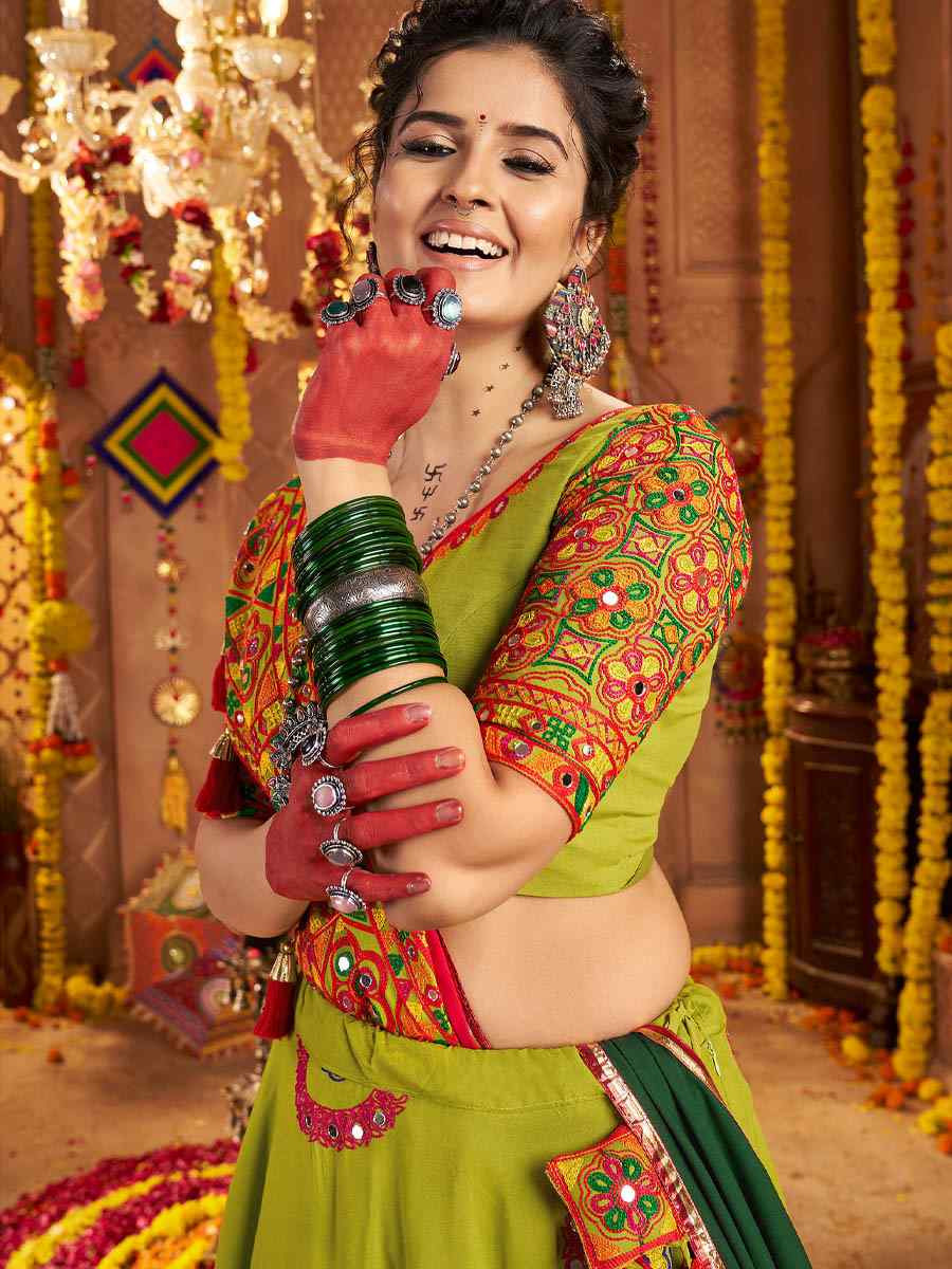 Mustard Viscose Cotton Embroidered Festival Traditional Lehenga Choli