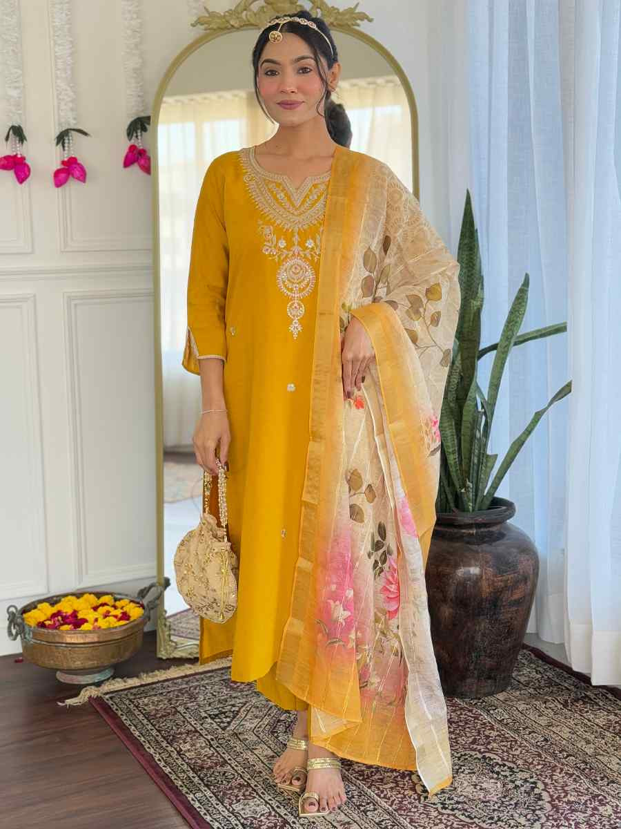 Mustard Viscose Embroidery Party Wedding Festival Casual Ready Pant Salwar Kameez