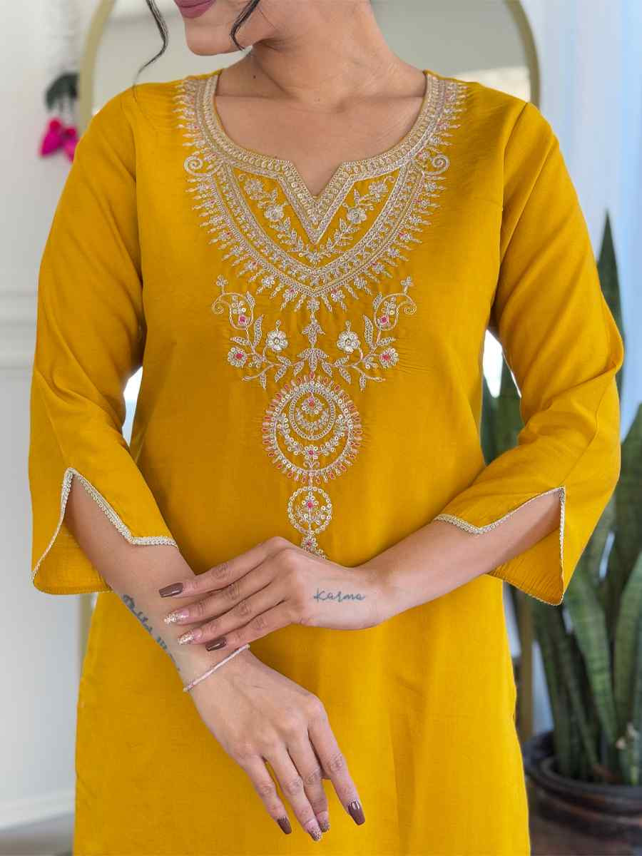 Mustard Viscose Embroidery Party Wedding Festival Casual Ready Pant Salwar Kameez