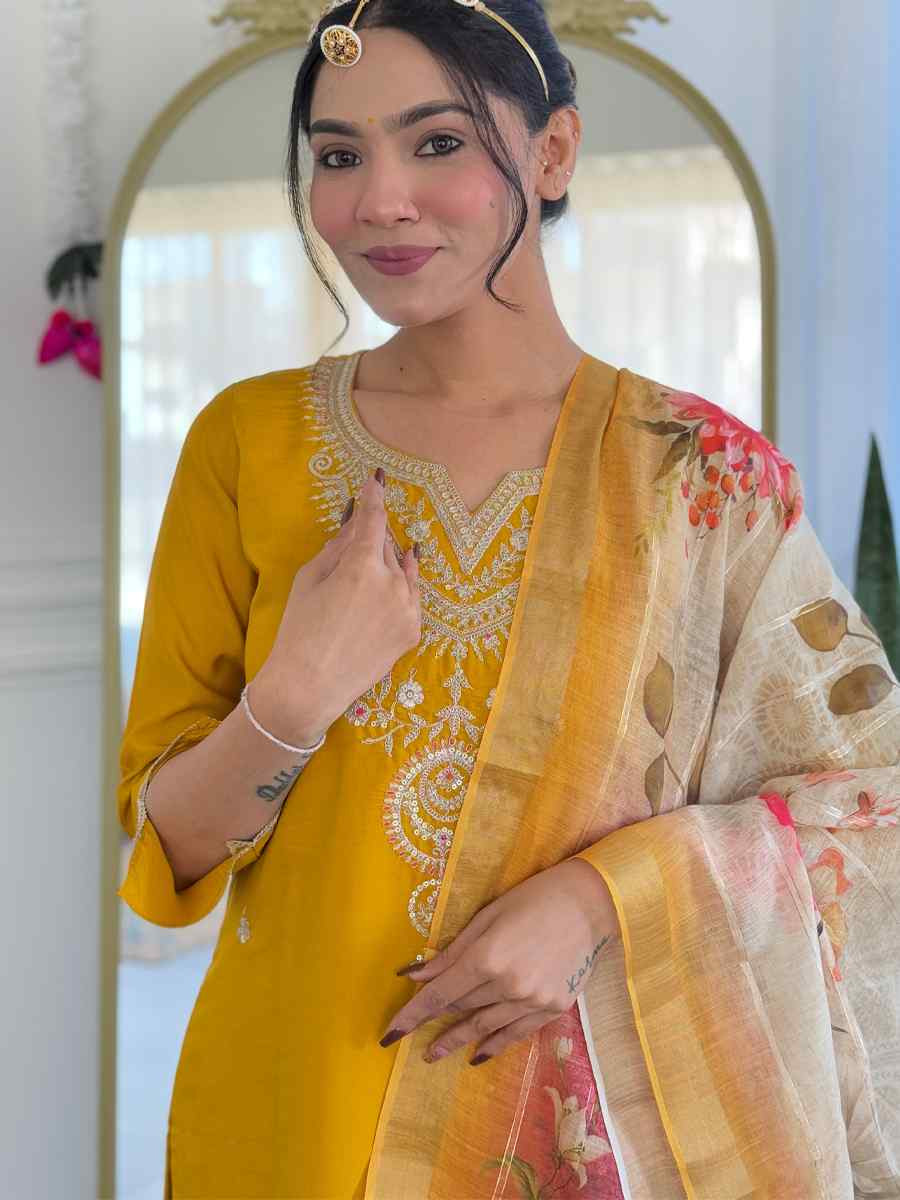 Mustard Viscose Embroidery Party Wedding Festival Casual Ready Pant Salwar Kameez