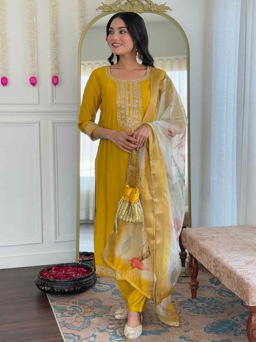 Mustard Viscose Embroidery Party Wedding Festival Casual Ready Pant Salwar Kameez
