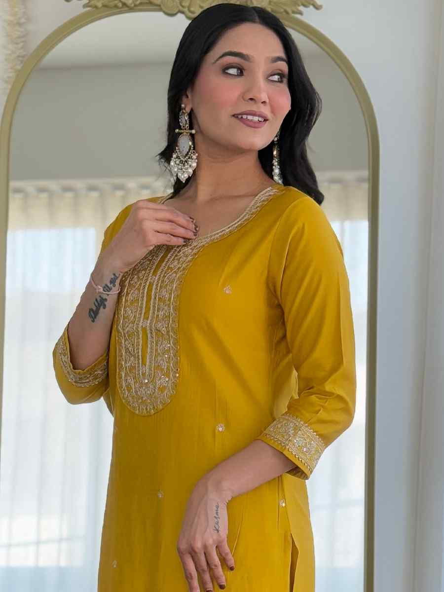 Mustard Viscose Embroidery Party Wedding Festival Casual Ready Pant Salwar Kameez