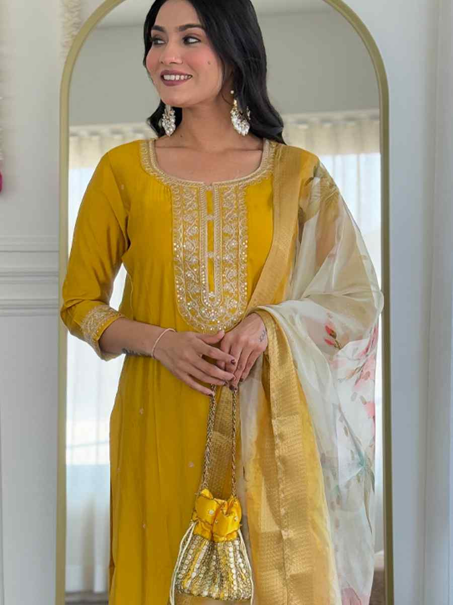 Mustard Viscose Embroidery Party Wedding Festival Casual Ready Pant Salwar Kameez