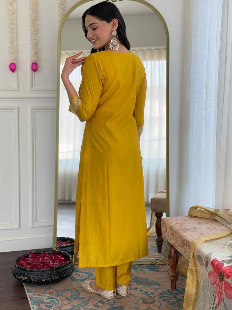 Mustard Viscose Embroidery Party Wedding Festival Casual Ready Pant Salwar Kameez