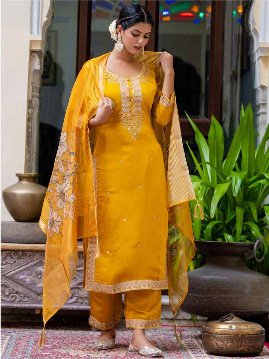Mustard Viscose Roman Silk Embroidered Mehendi Wedding Ready Pant Salwar Kameez