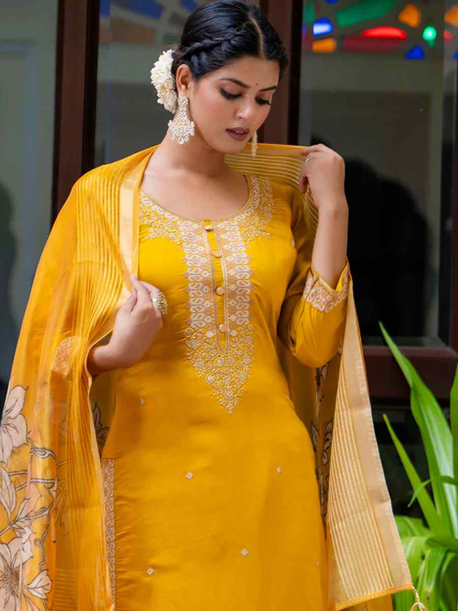 Mustard Viscose Roman Silk Embroidered Mehendi Wedding Ready Pant Salwar Kameez