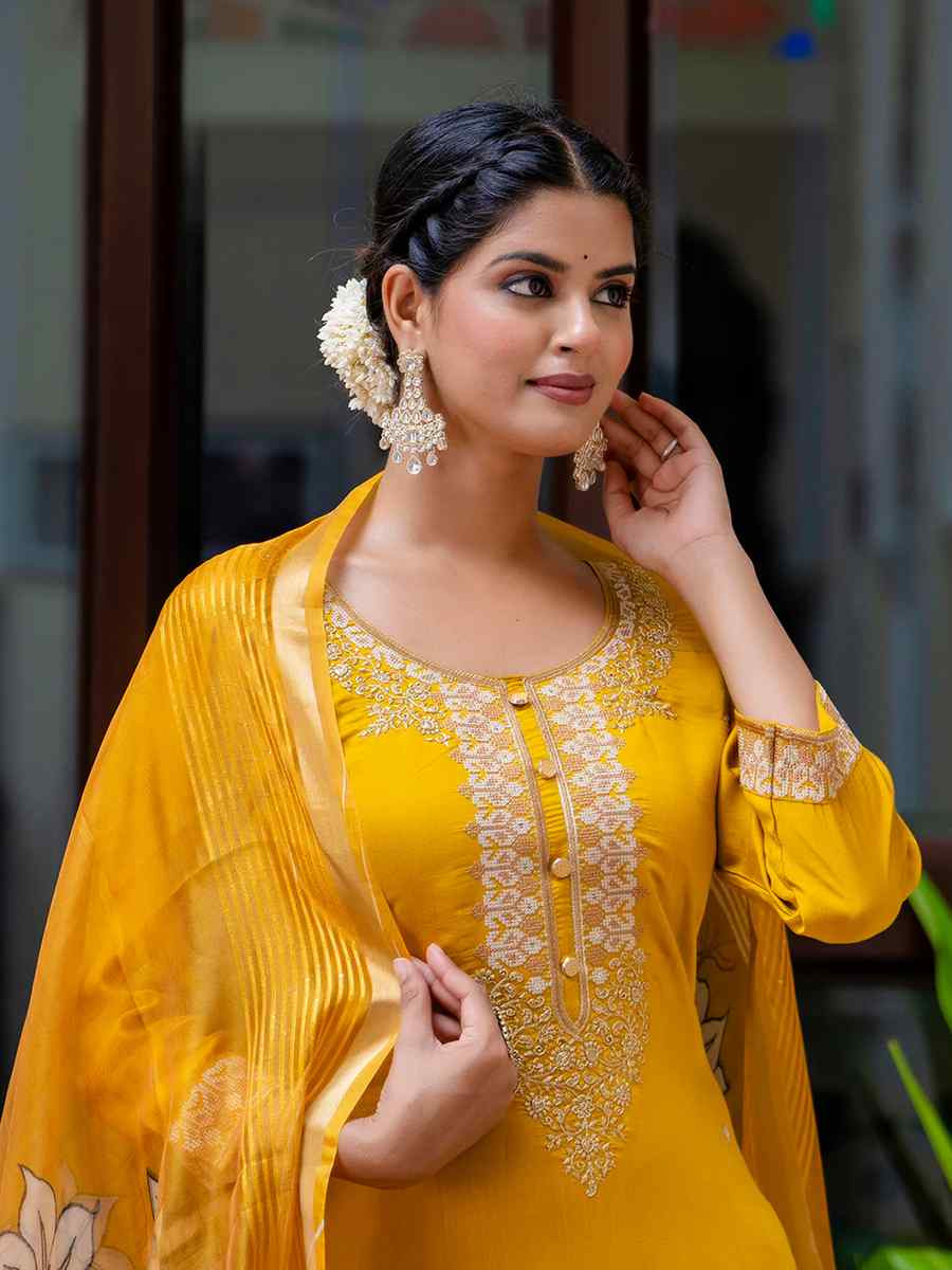 Mustard Viscose Roman Silk Embroidered Mehendi Wedding Ready Pant Salwar Kameez