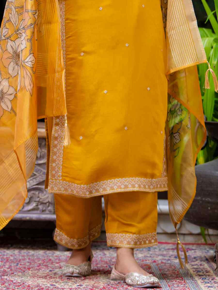 Mustard Viscose Roman Silk Embroidered Mehendi Wedding Ready Pant Salwar Kameez