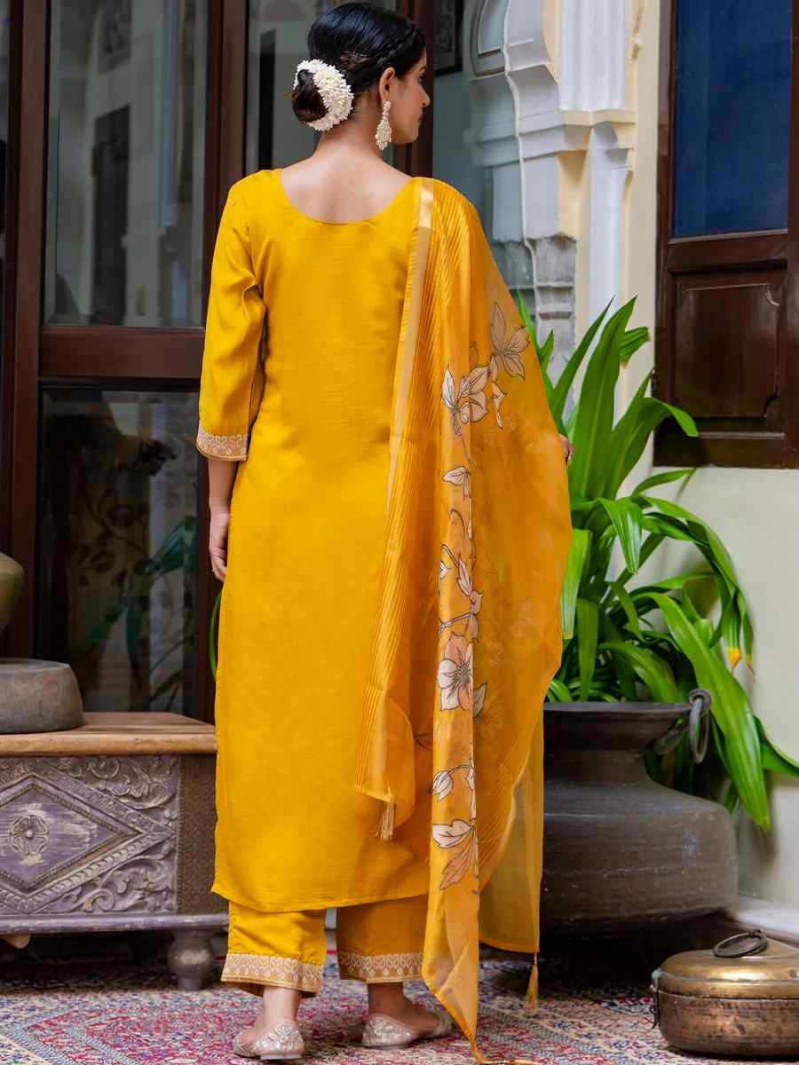 Mustard Viscose Roman Silk Embroidered Mehendi Wedding Ready Pant Salwar Kameez