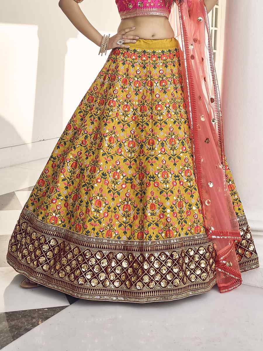 Mustard Yellow Art Silk Embroidered Bridal Reception Heavy Border Lehenga Choli