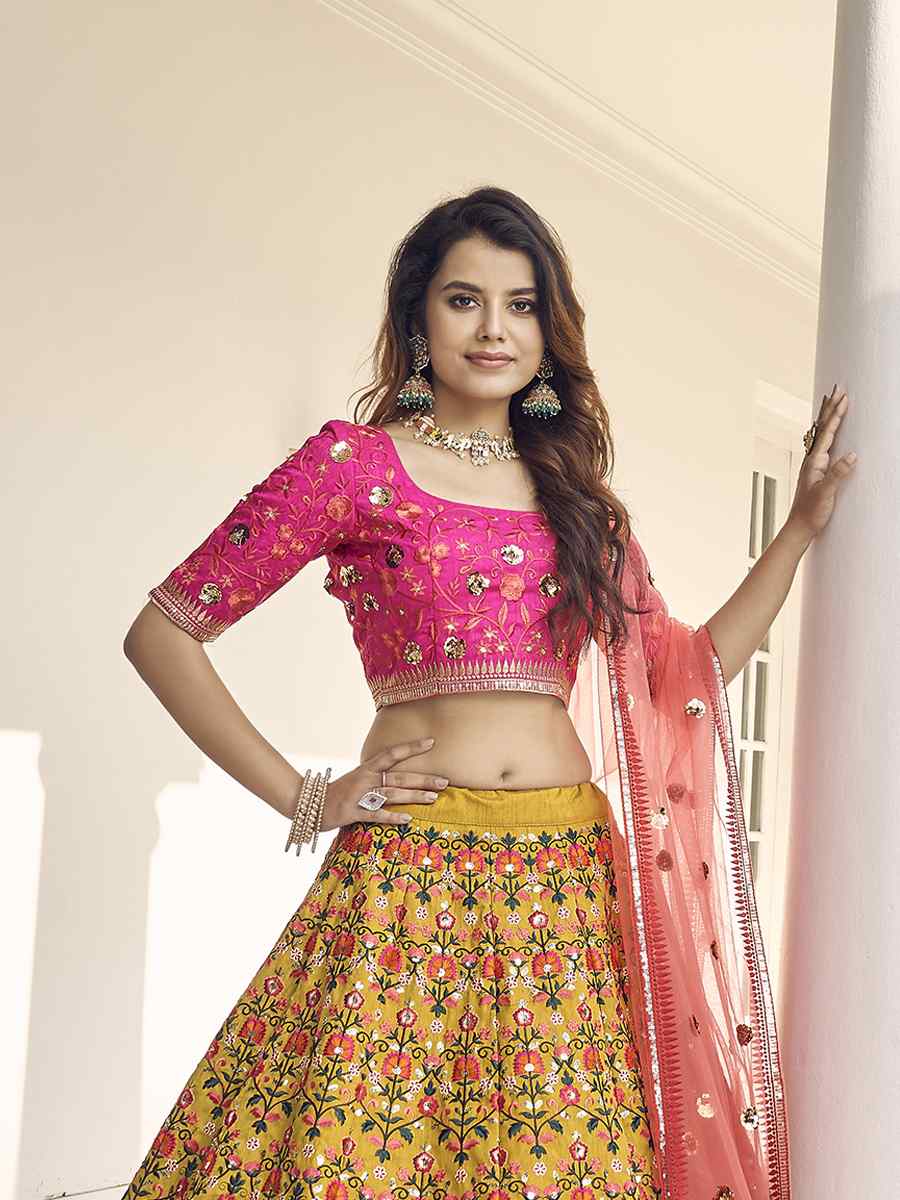 Mustard Yellow Art Silk Embroidered Bridal Reception Heavy Border Lehenga Choli