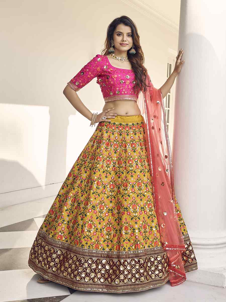 Mustard Yellow Art Silk Embroidered Bridal Reception Heavy Border Lehenga Choli