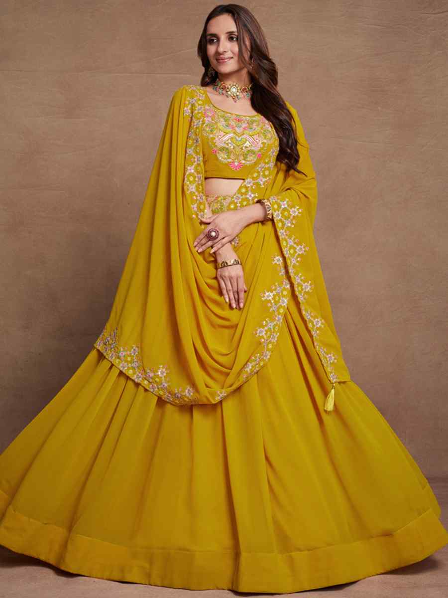 Mustard Yellow Blooming Georgette Embroidered Festival Wedding Circular Lehenga Choli