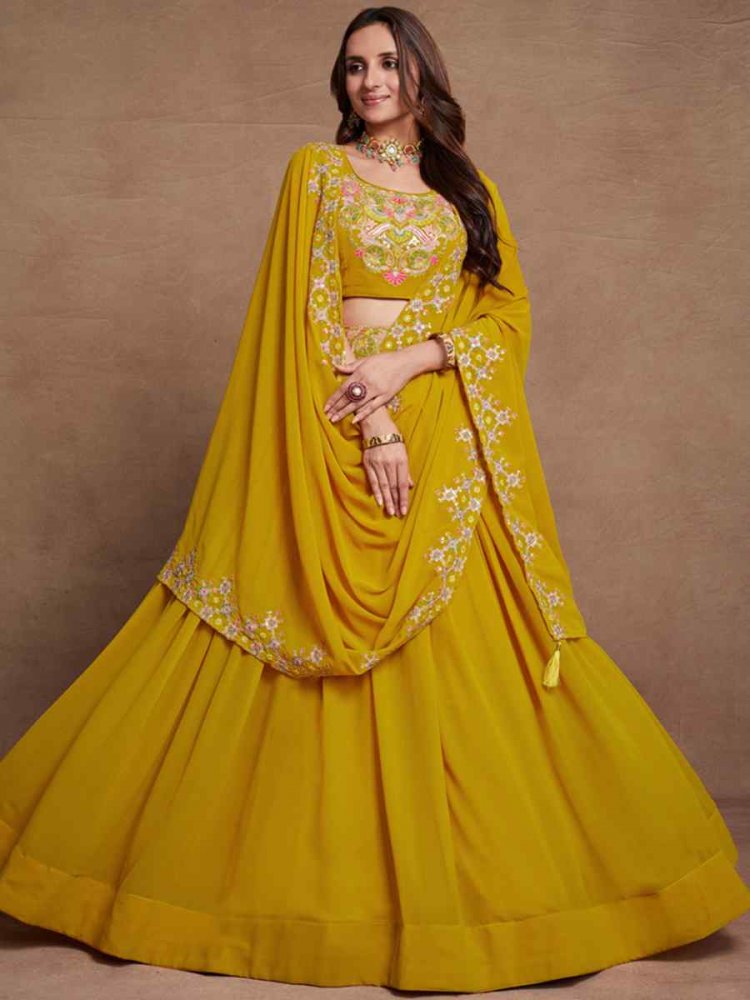 Mustard Yellow Blooming Georgette Embroidered Festival Wedding Circular Lehenga Choli