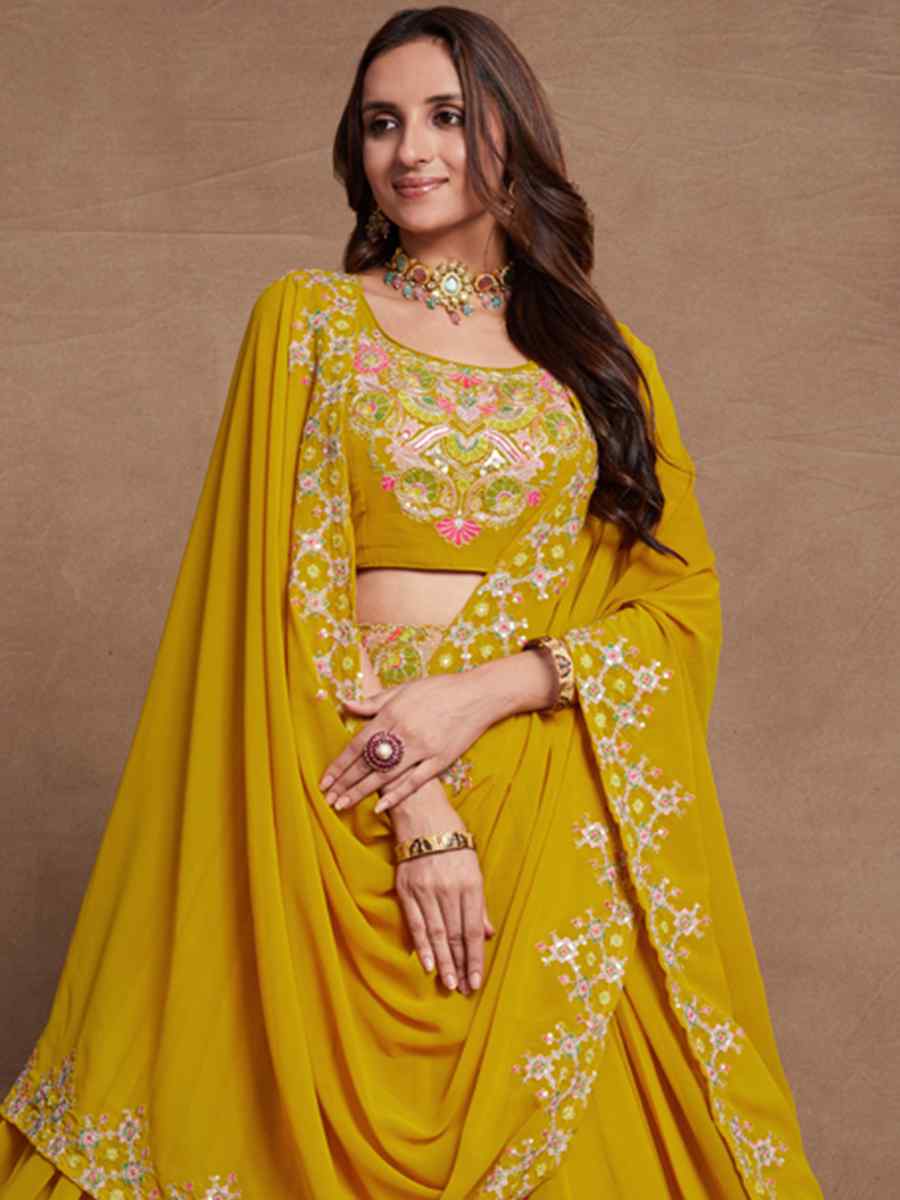 Mustard Yellow Blooming Georgette Embroidered Festival Wedding Circular Lehenga Choli