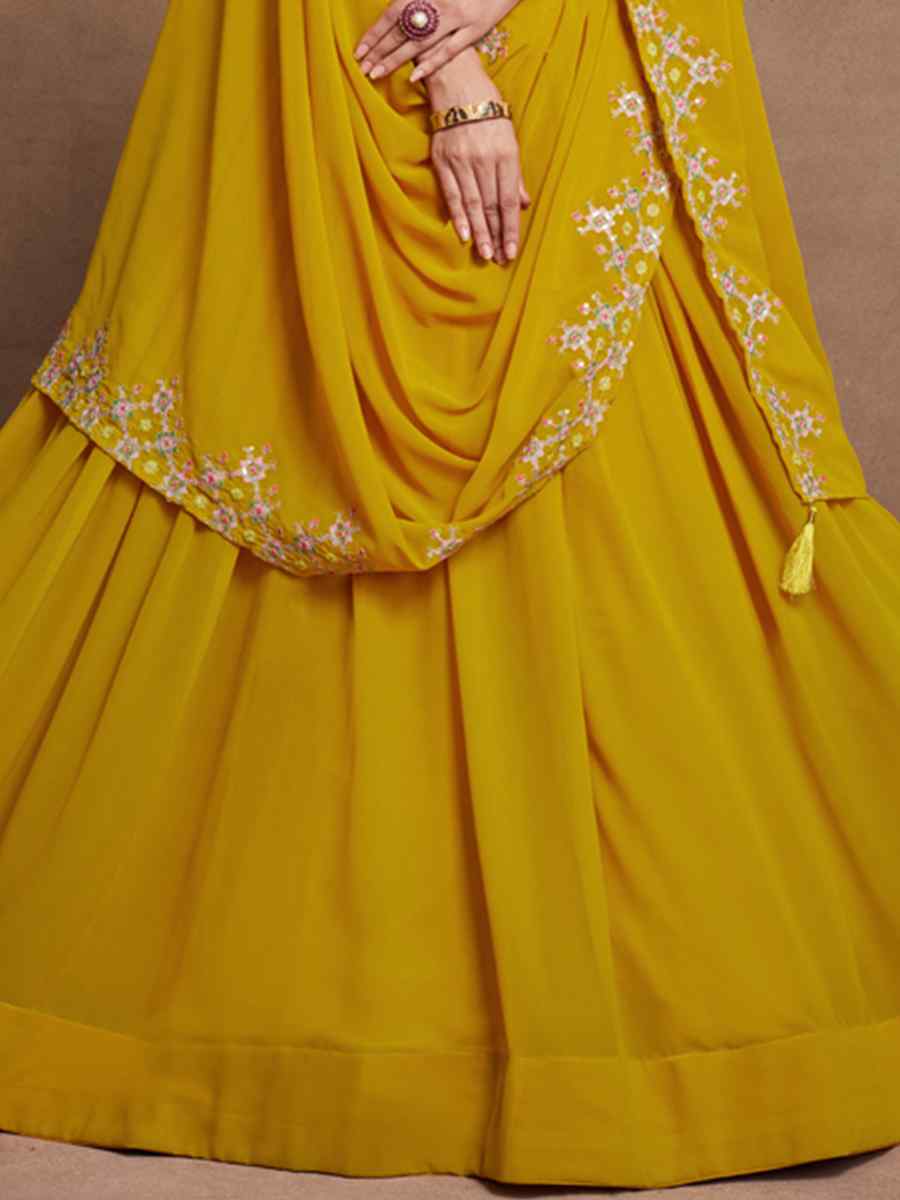 Mustard Yellow Blooming Georgette Embroidered Festival Wedding Circular Lehenga Choli
