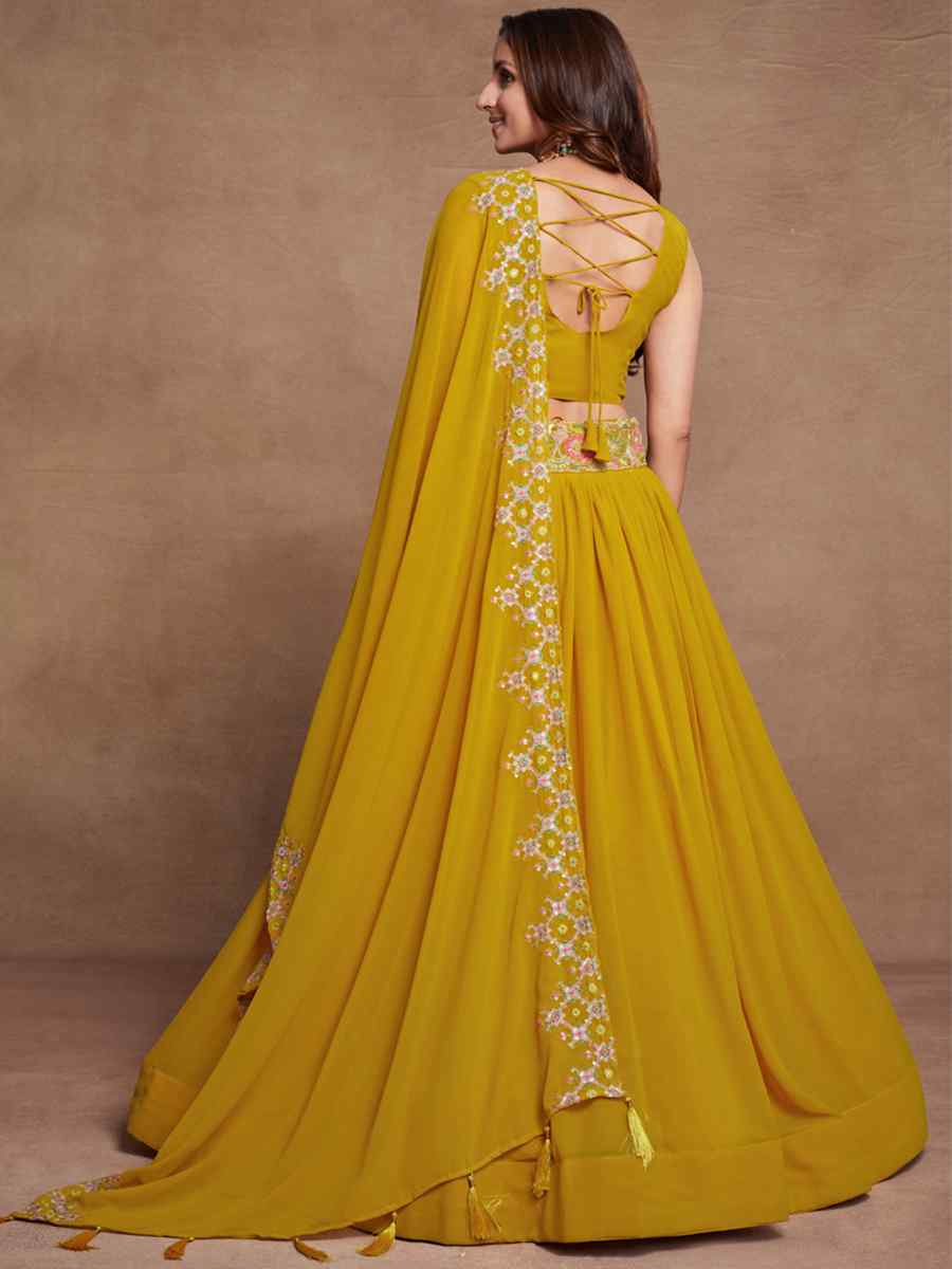 Mustard Yellow Blooming Georgette Embroidered Festival Wedding Circular Lehenga Choli