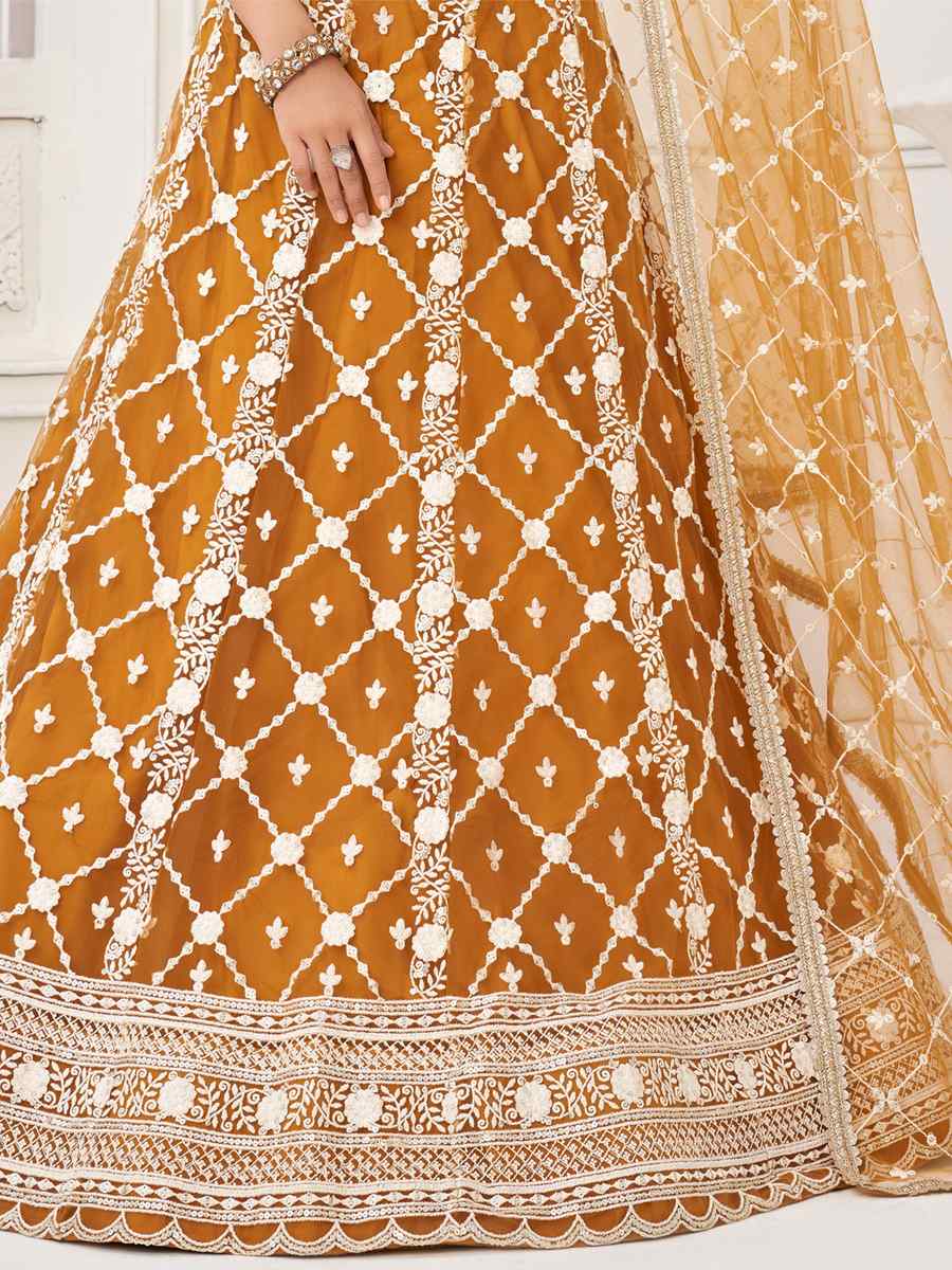 Mustard Yellow Butterfly Net Embroidered Festival Wedding Circular Lehenga Choli