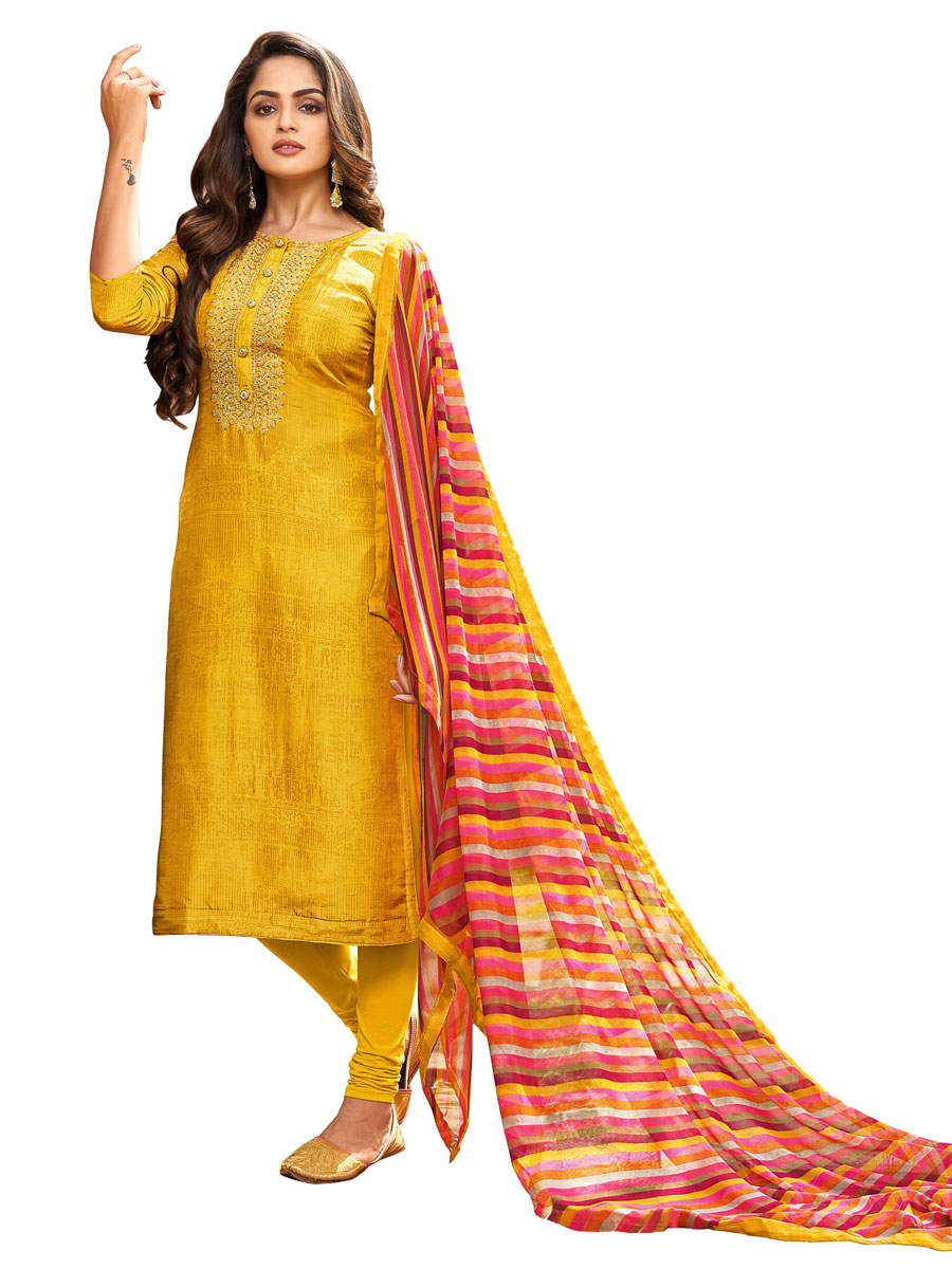 Mustard Yellow Chinon Georgette Embroidered Party Churidar Pant Kameez