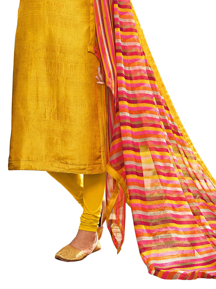 Mustard Yellow Chinon Georgette Embroidered Party Churidar Pant Kameez