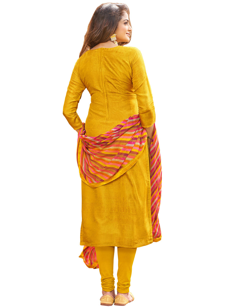 Mustard Yellow Chinon Georgette Embroidered Party Churidar Pant Kameez