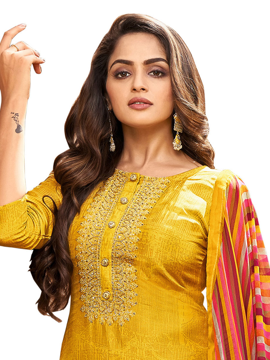 Mustard Yellow Chinon Georgette Embroidered Party Churidar Pant Kameez